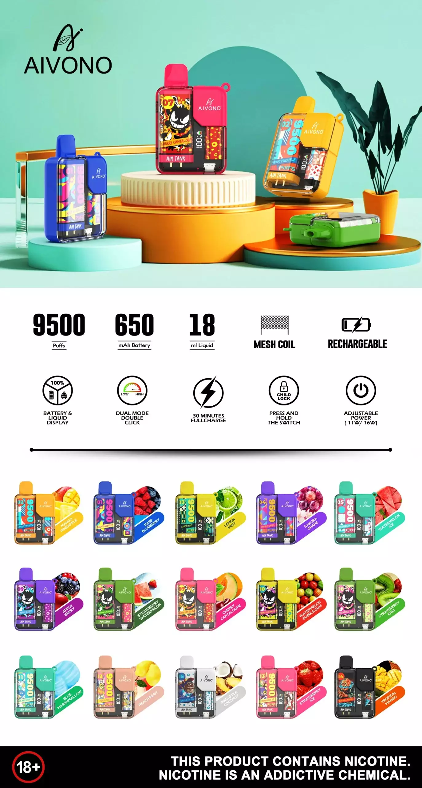 AIVONO AIM TANK 9500 Züge mit Kindersicherung, 0%, 2%, 3% und 5% Nikotin, Farbdisplay, wiederaufladbar – Großhandel für Einweg-Vapes in Bulk kaufen
