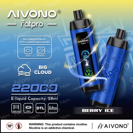 AIVONO Fatpro 22000 Züge Hookah Digitalanzeige DTL 0% 2% 3% 5% Bassa nicotina Grossista sigarette elettroniche usa e getta con funzione di ricarica - immagine 4