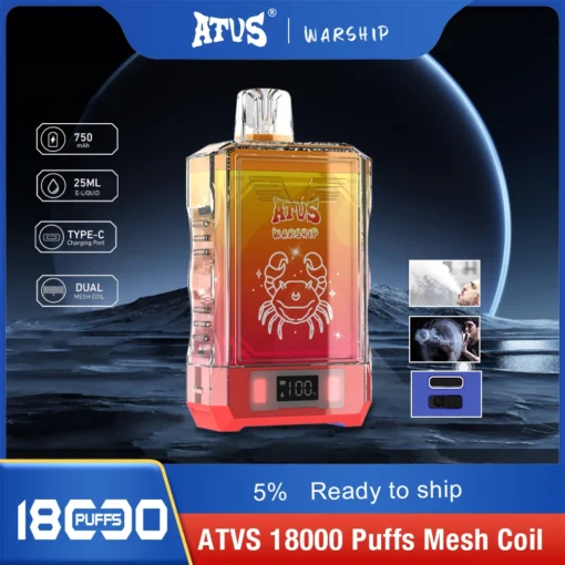 ATVS Warship 18000 Puffs Rechargeable Disposable E-Cigarette with Dual-Mesh Coil, 5% Nicotine, Wholesale for Bulk Orders