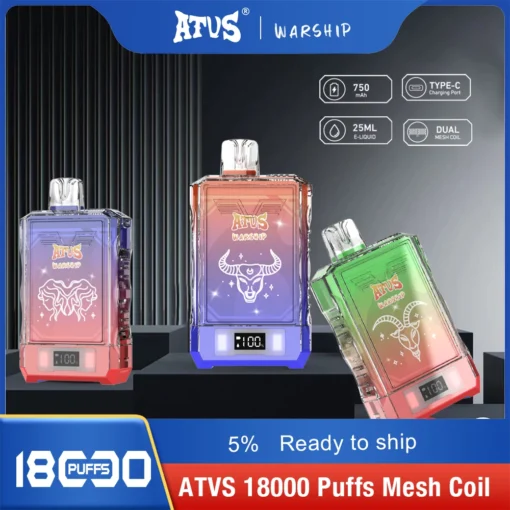 ATVS Warship 18000 puffs Rechargeable disposable e-cigarette with dual mesh coil, 5% nicotine, wholesale for bulk orders