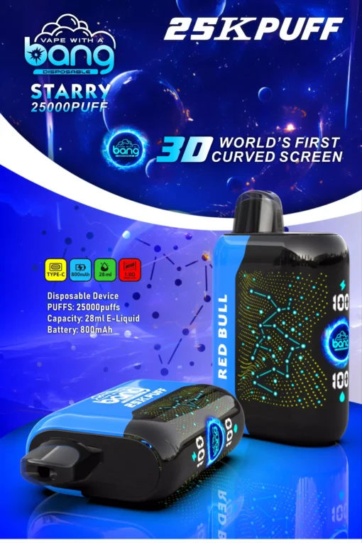 Bang Starry 25000 bouffées Écran courbe 3D 0% 2% 3% 5% Faible taux de nicotine en gros Goûts multiples Stylos à vape rechargeables jetables