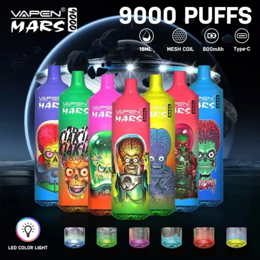 VAPEN Mars 9000 boccate Luce colorata RGB 18 gusti 0% 2% 5% Basso contenuto di nicotina all'ingrosso Sigaretta elettronica ricaricabile usa e getta