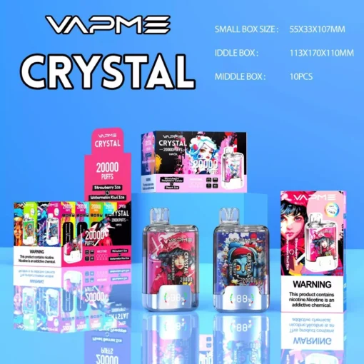 VAPME Crystal 20.000 bouffées Double goût Écran numérique 2% Faible teneur en nicotine Stylo de vape rechargeable jetable en gros