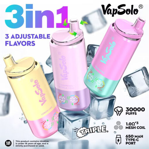 VapSolo Triple 30000 Züge: LCD-Display, 3 saveurs en un, 2% et 5% de nicotine, vente en gros de vapes jetables rechargeables avec faible teneur en nicotine – Image 13