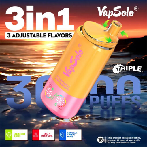 VapSolo Triple 30000 Züge: LCD-Display, 3 saveurs en un, 2% et 5% de nicotine, vente en gros de vapes jetables rechargeables avec faible teneur en nicotine – Image 11