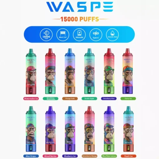 WASPE 15000 PULLS Vape desechable con pantalla LCD | 0%, 2%, 5% Nicotina | Compra al por mayor y al por mayor