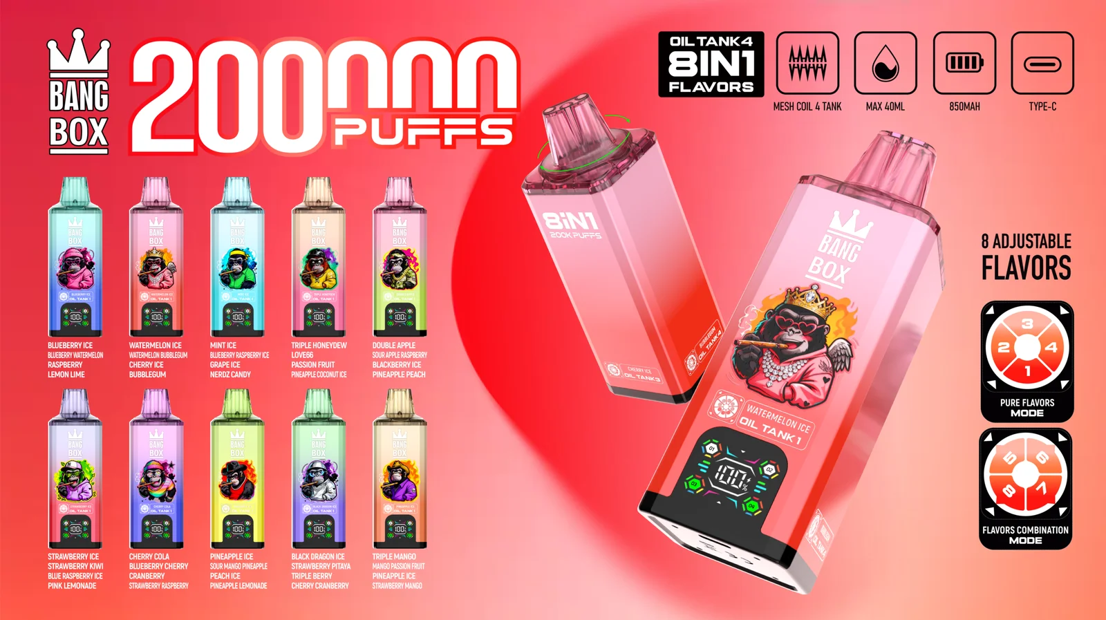 BANG BOX 200K 8IN1 – 200.000 caladas Vape desechable con 4 tanques y pantalla inteligente