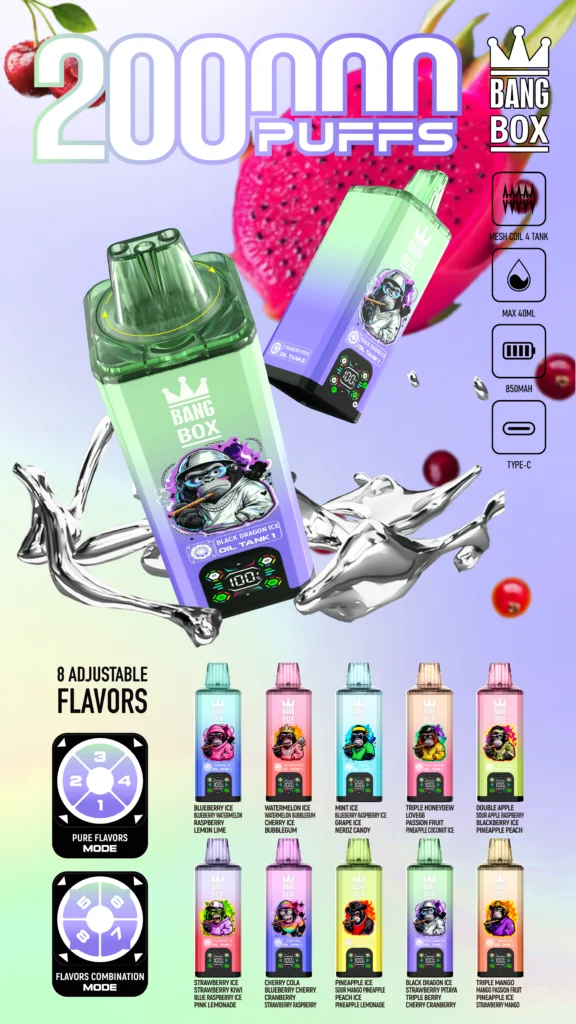 BANG BOX 200K 8IN1 – 200.000 caladas Vape desechable con 4 tanques y pantalla inteligente