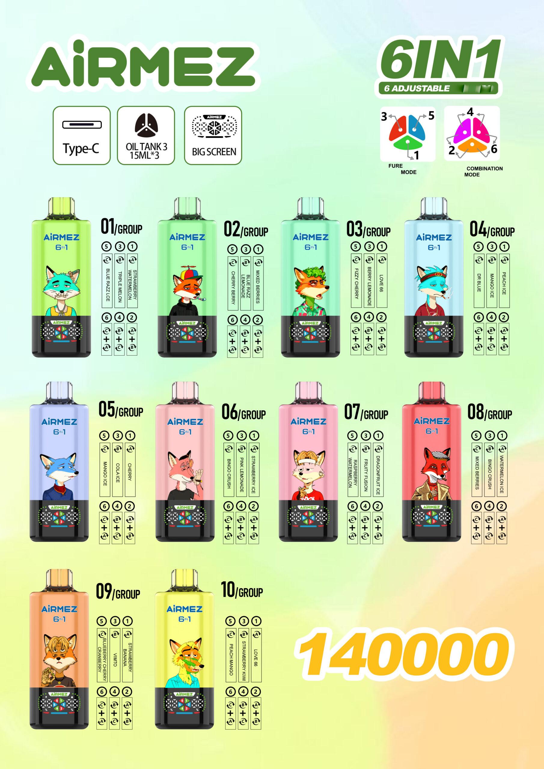 AIRMEZ FOX 140.000 Züge mit 6-in-1 Switch 140K Einweg-Vapes im Großhandel