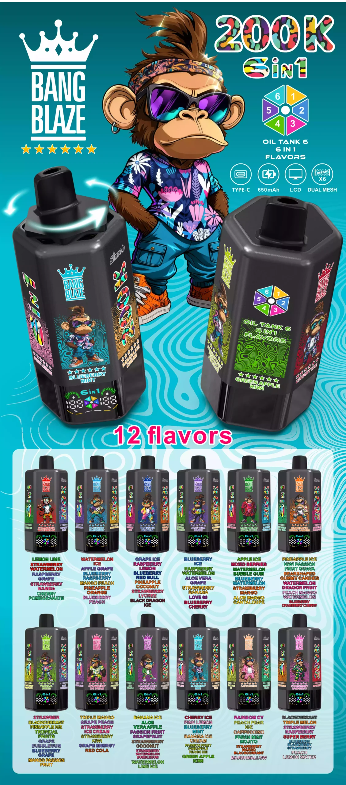 BANG BLAZE 200K DSK069 200 000 tirages avec vapoteurs jetables 6-en-1 en gros