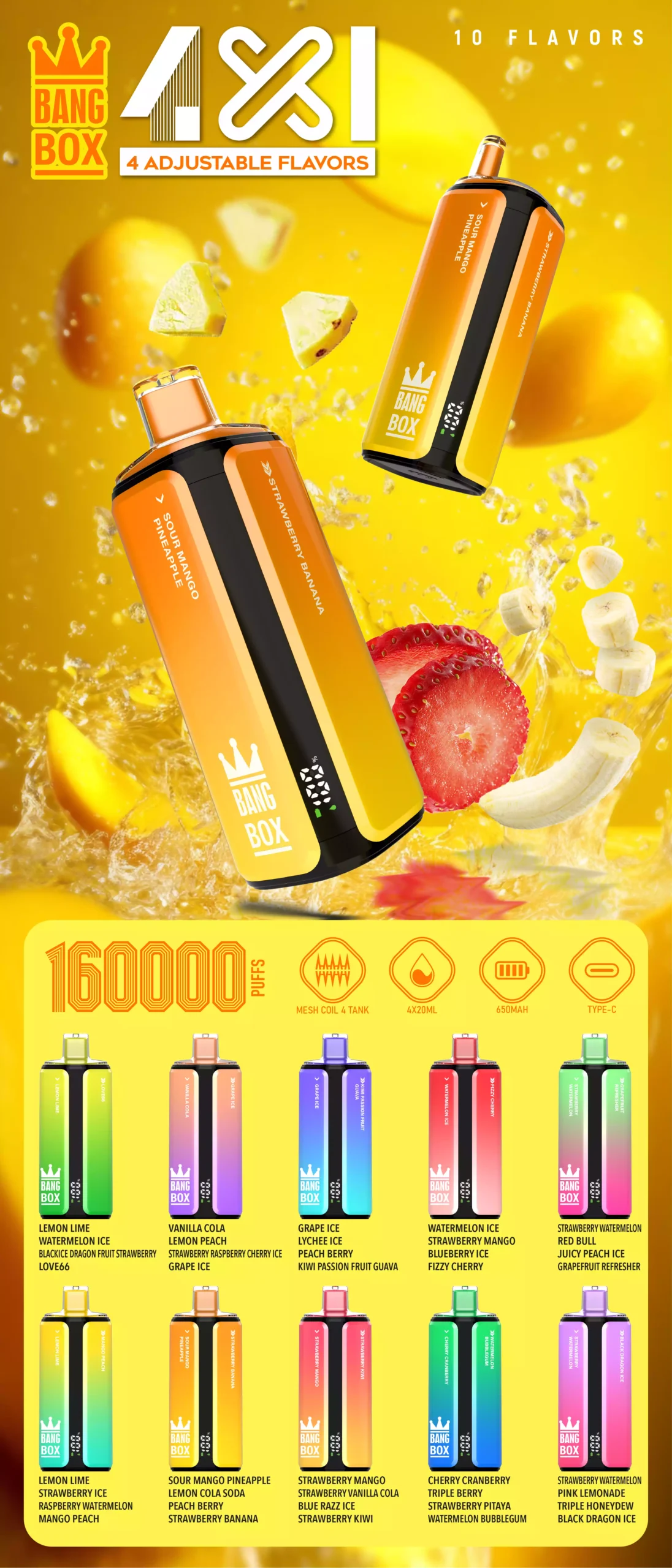 Boîte BANG 160 000 bouffées avec interrupteur 4-en-1 et écran numérique - E-cigarettes jetables 160K en gros