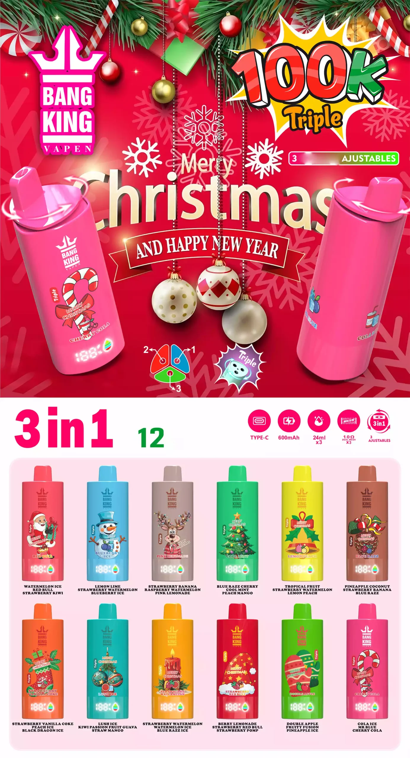 BANG KING 100K com interruptor de sabor 3-em-1 - 100.000 cigarros eletrónicos descartáveis por grosso