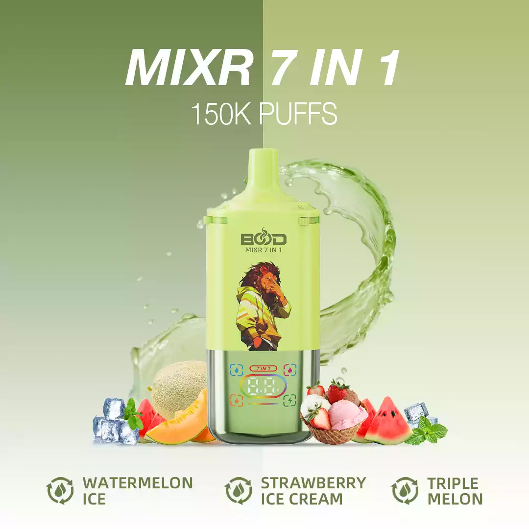 BOOD MIXR 7 em 1 150K 150.000 tragadas com sistema Tri-Tank e bobina Dual Mesh - Vapes descartáveis por grosso