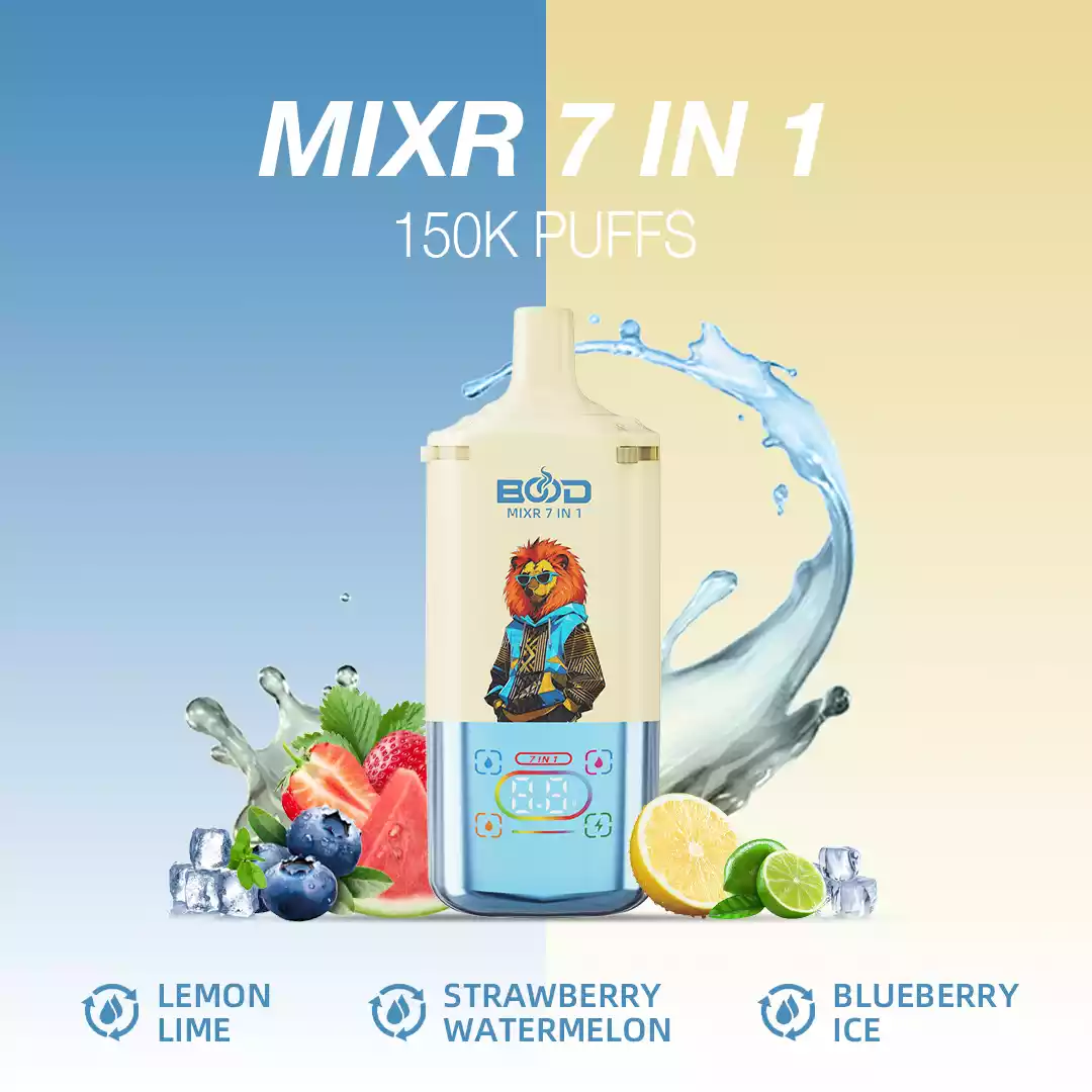 BOOD MIXR 7 em 1 150K 150.000 tragadas com sistema Tri-Tank e bobina Dual Mesh - Vapes descartáveis por grosso