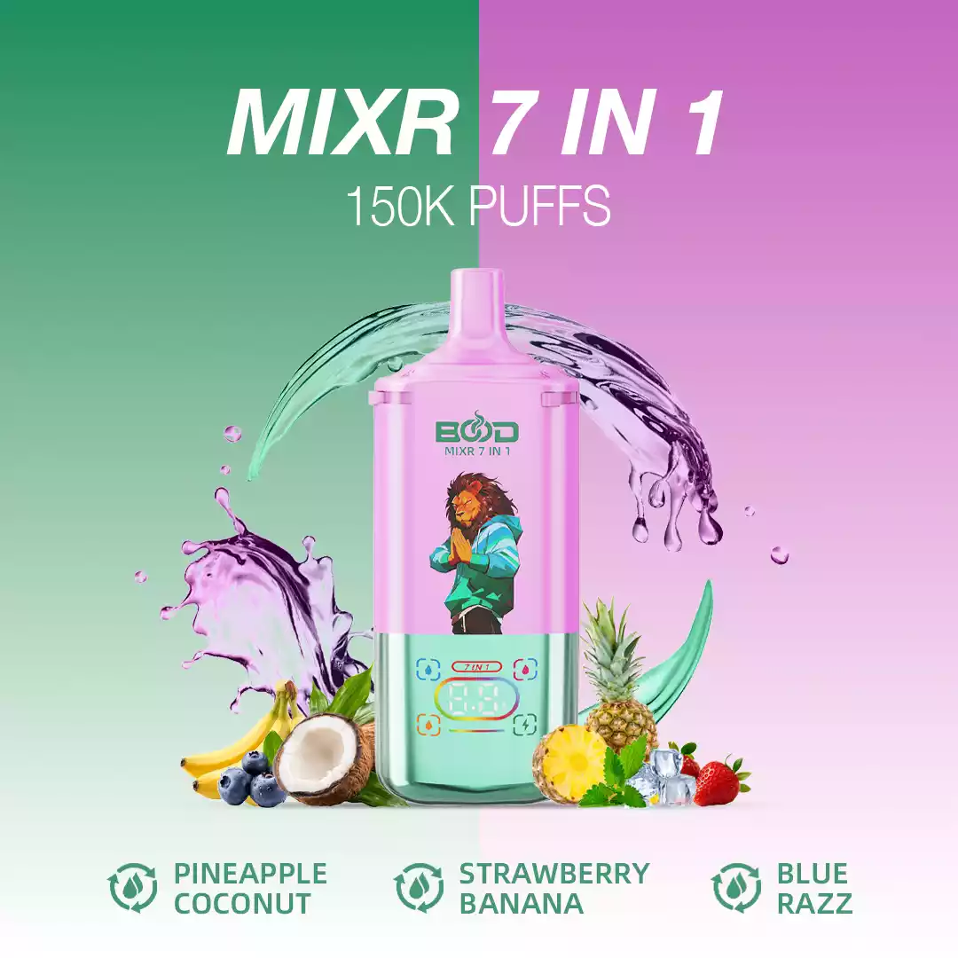 BOOD MIXR 7 em 1 150K 150.000 tragadas com sistema Tri-Tank e bobina Dual Mesh - Vapes descartáveis por grosso