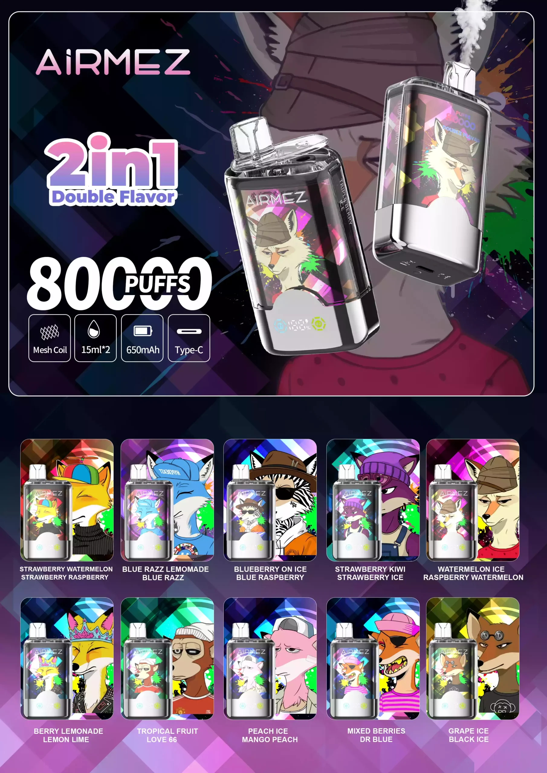 AIRMEZ FOX 80.000 Züge mit 2-in-1 Switch System Einweg-Vapes im Großhandel