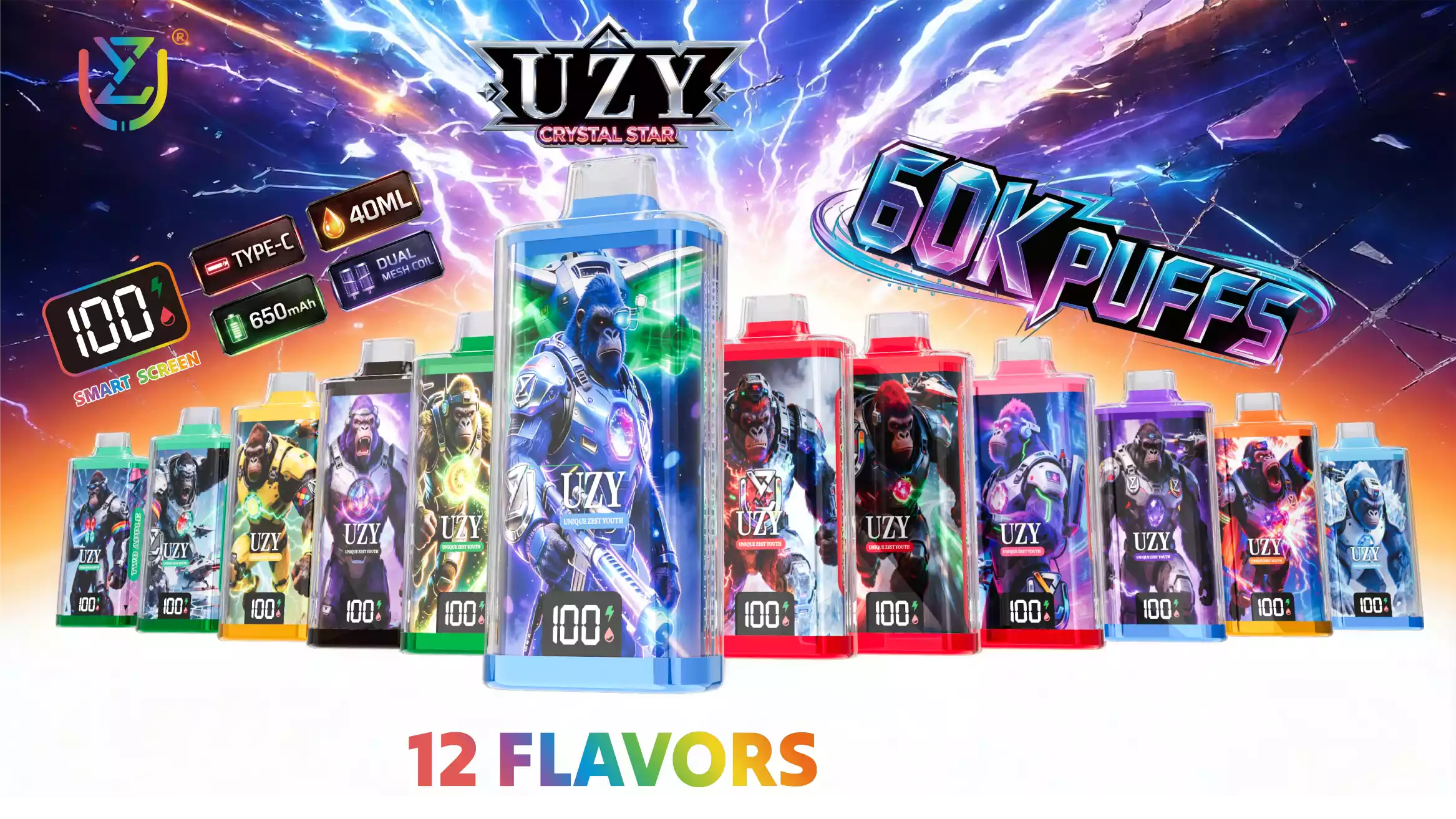 Uży Crystal Star 60000 zaciągnięć - inteligentny wyświetlacz LED, jednorazowa e-papieros dostępna w atrakcyjnej cenie